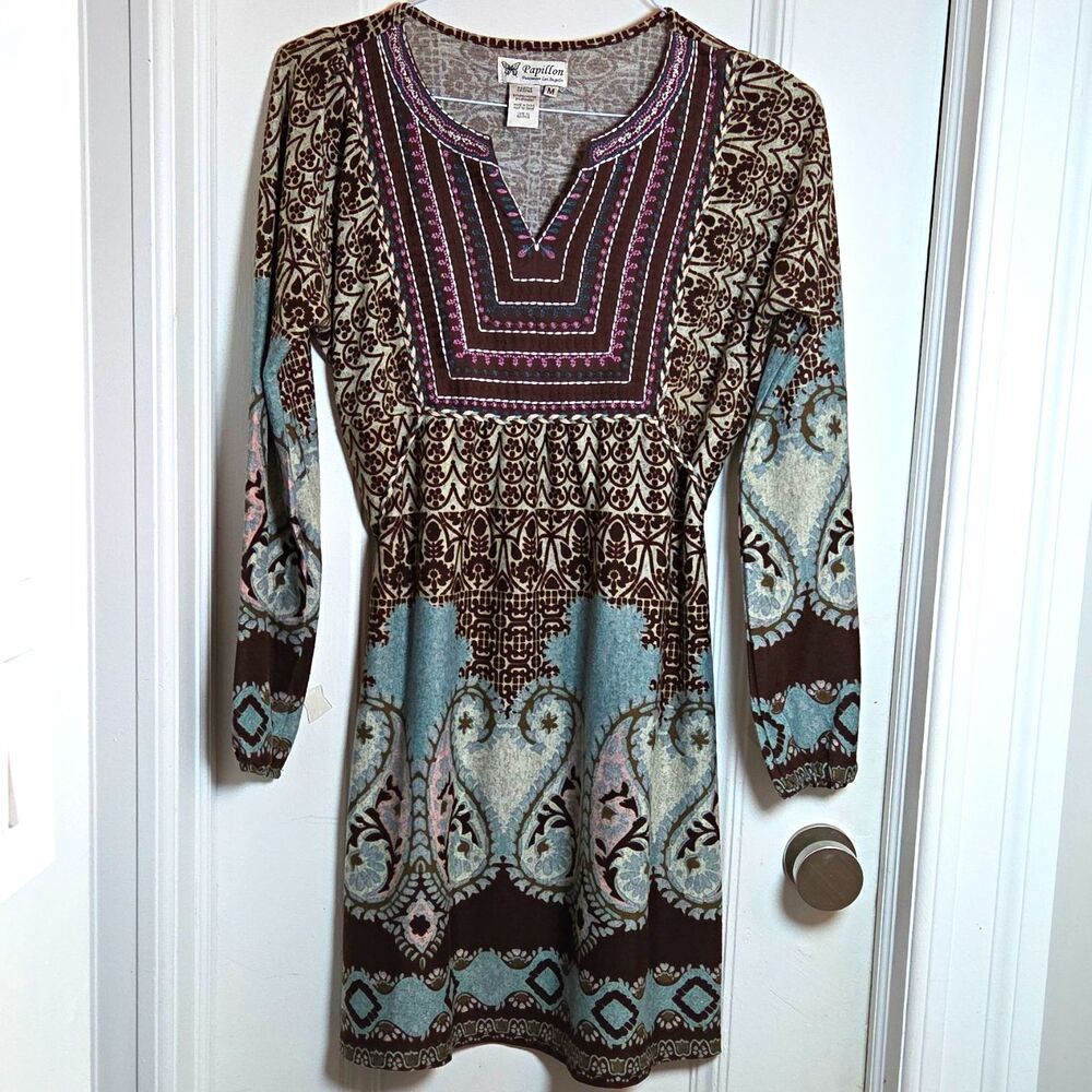 Papillon Boho Paisley Knit Dress A-Line V-Neck Long Sleeve Women's M